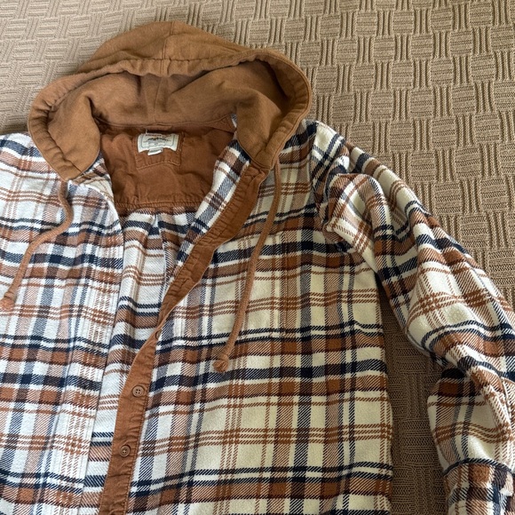 Cotton American Eagle Outfitters Hooded Plaid Shirt Jacket - Brown/White - Picture 5 of 6